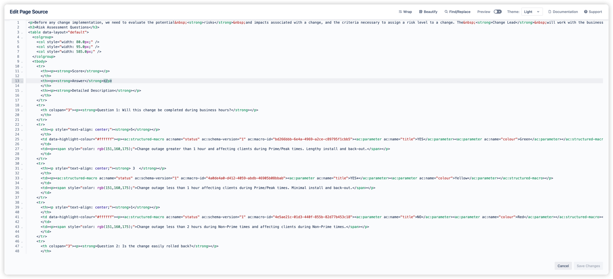 The editor interface showing syntax-highlighted HTML source of a Confluence page, with toolbar controls for Wrap, Beautify, Find/Replace, Preview, and theme switching