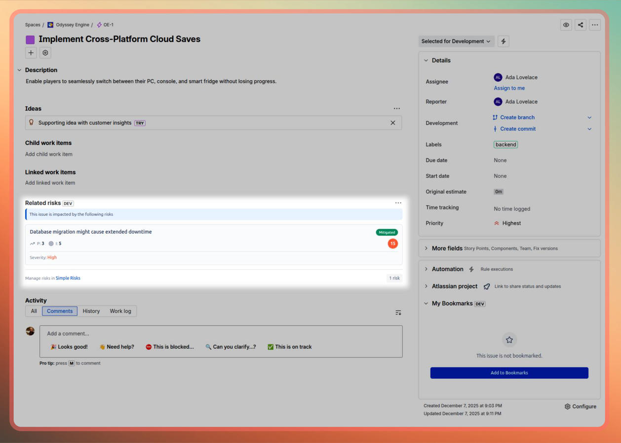 Link risks to Jira issues and view them in the "Related Risks" panel right inside your Jira issues.