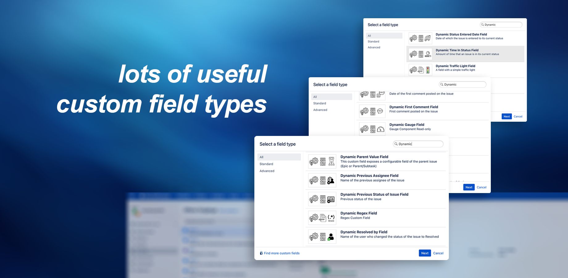 Three screenshots of a list with custom field types showing different field types
