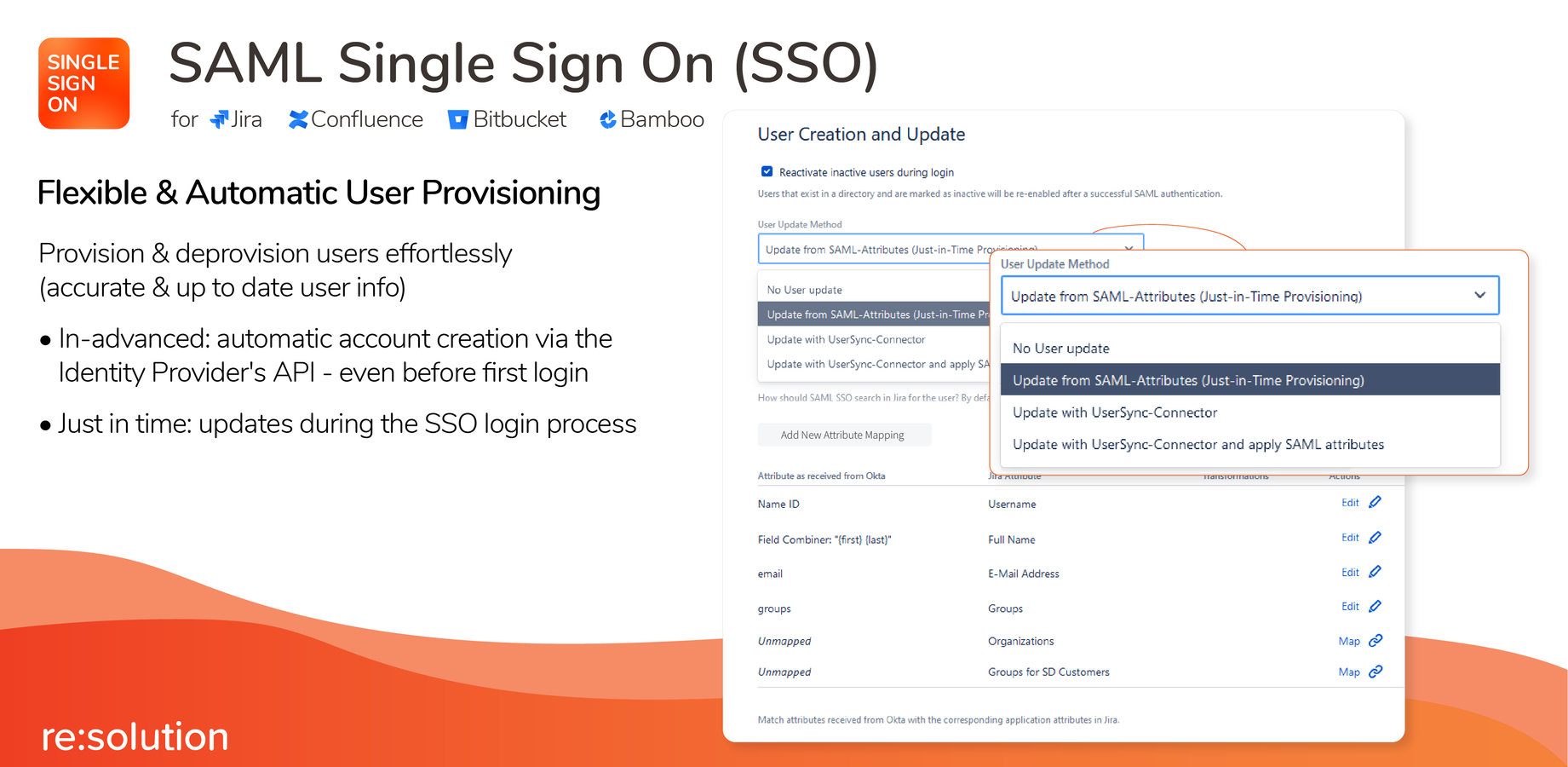 SAML Single Sign On (SSO) from Resolution GmbH is compatible with all IdPs, incl. Azure AD, AD FS, G Suite, Shibboleth, Onelogin, Ping, Okta, Centrify, Bitium, SimpleSAMLphp, OpenAM, RSA,WSO2, Net IQ, Salesforce.