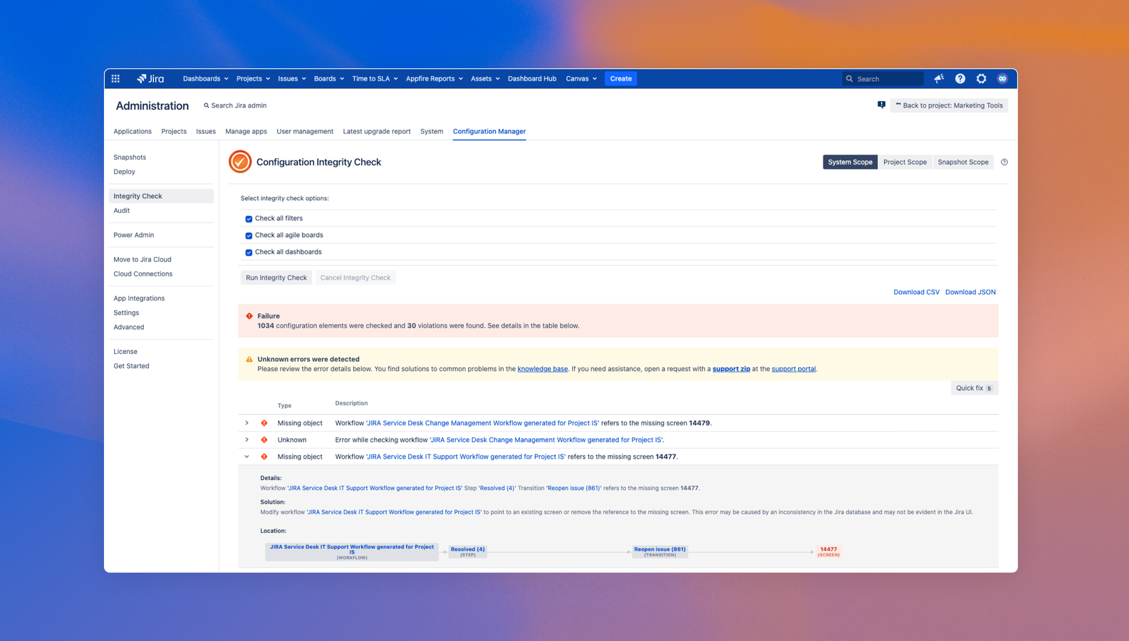 View a detailed change analysis of your configuration before deploying. Use the built-in Integrity Check to find and resolve Jira configuration errors and the Rollback Model feature in case unintended changes are made.