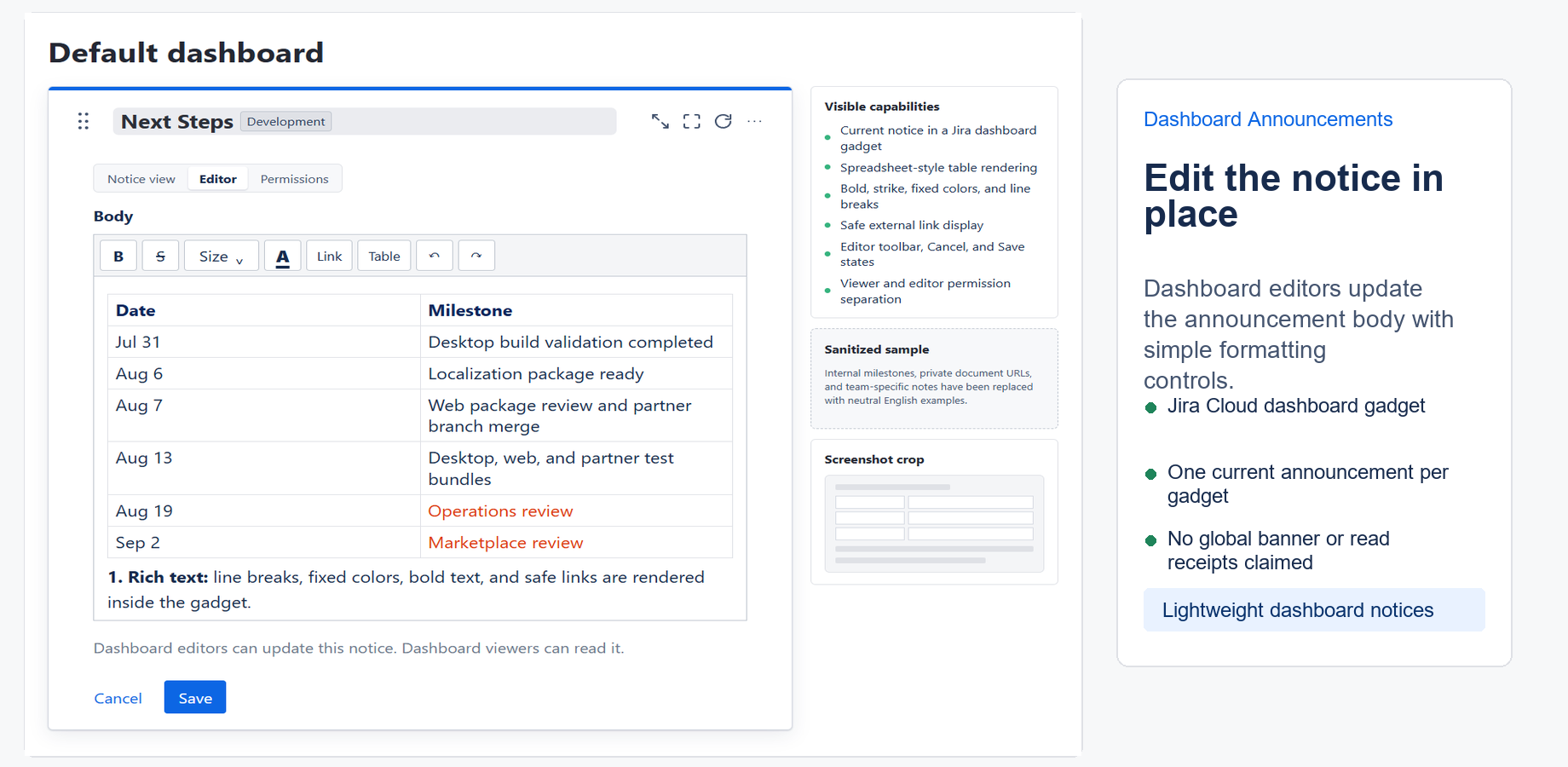 Editors can update the gadget content from the dashboard configuration experience.