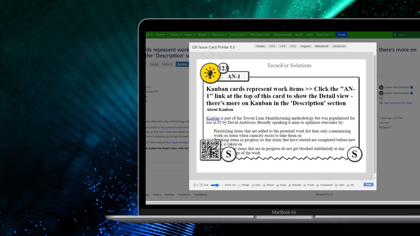 Push PrintQR! button in issues, filters or boards