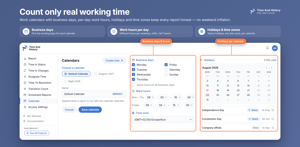 Time in Status excluding weekends and holidays: work calendars set business days, per-day hours, time zone and recurring holidays, and every report — and the issue panel — follows them. One calendar per team or region.
