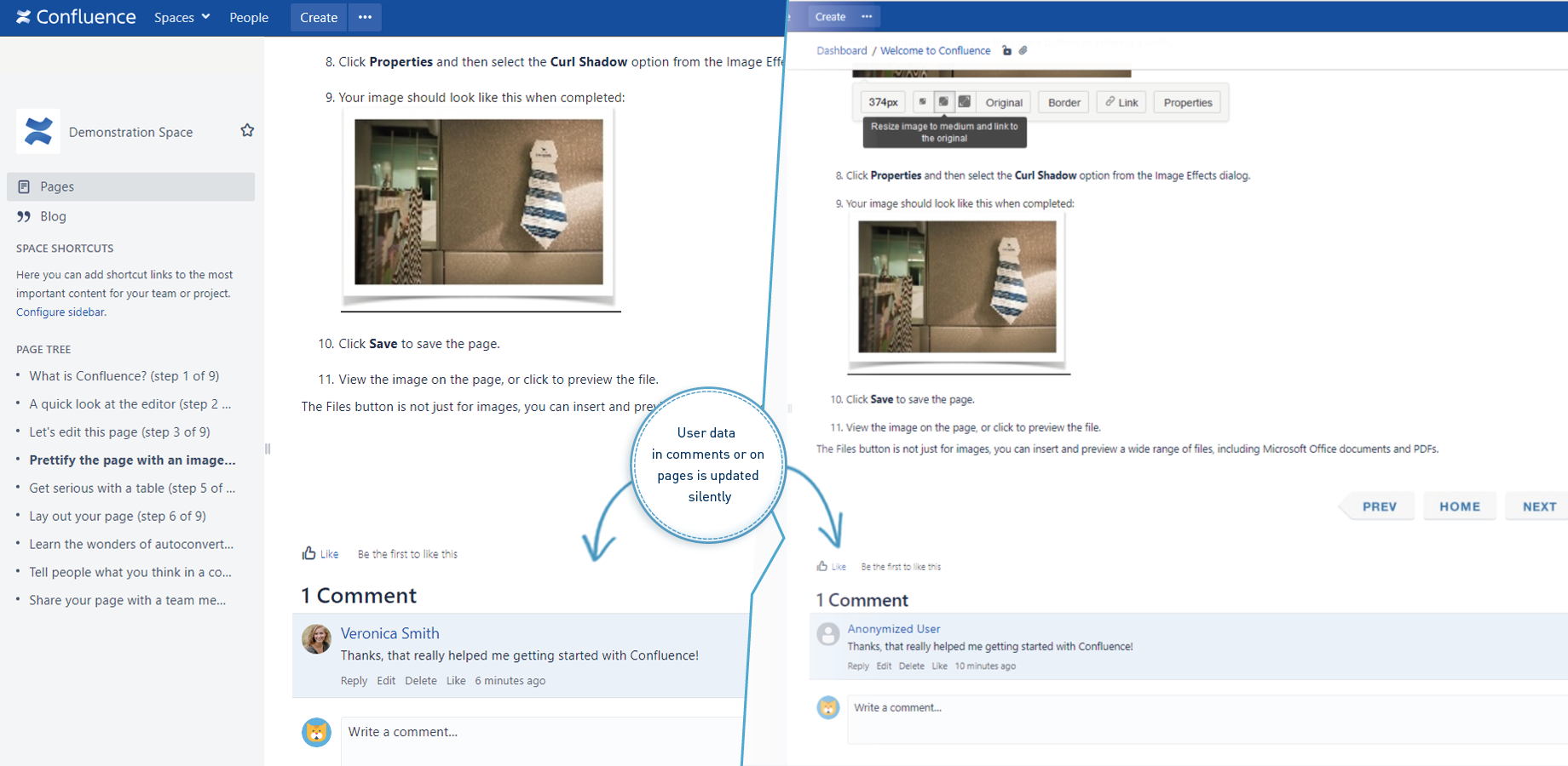 Silently anonymizes user data without updating page history or sending notifications to watchers.