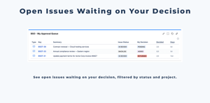 See the issues that need your decision, with per-issue status and project filtering. Open items only, so the queue stays focused on what still needs action.