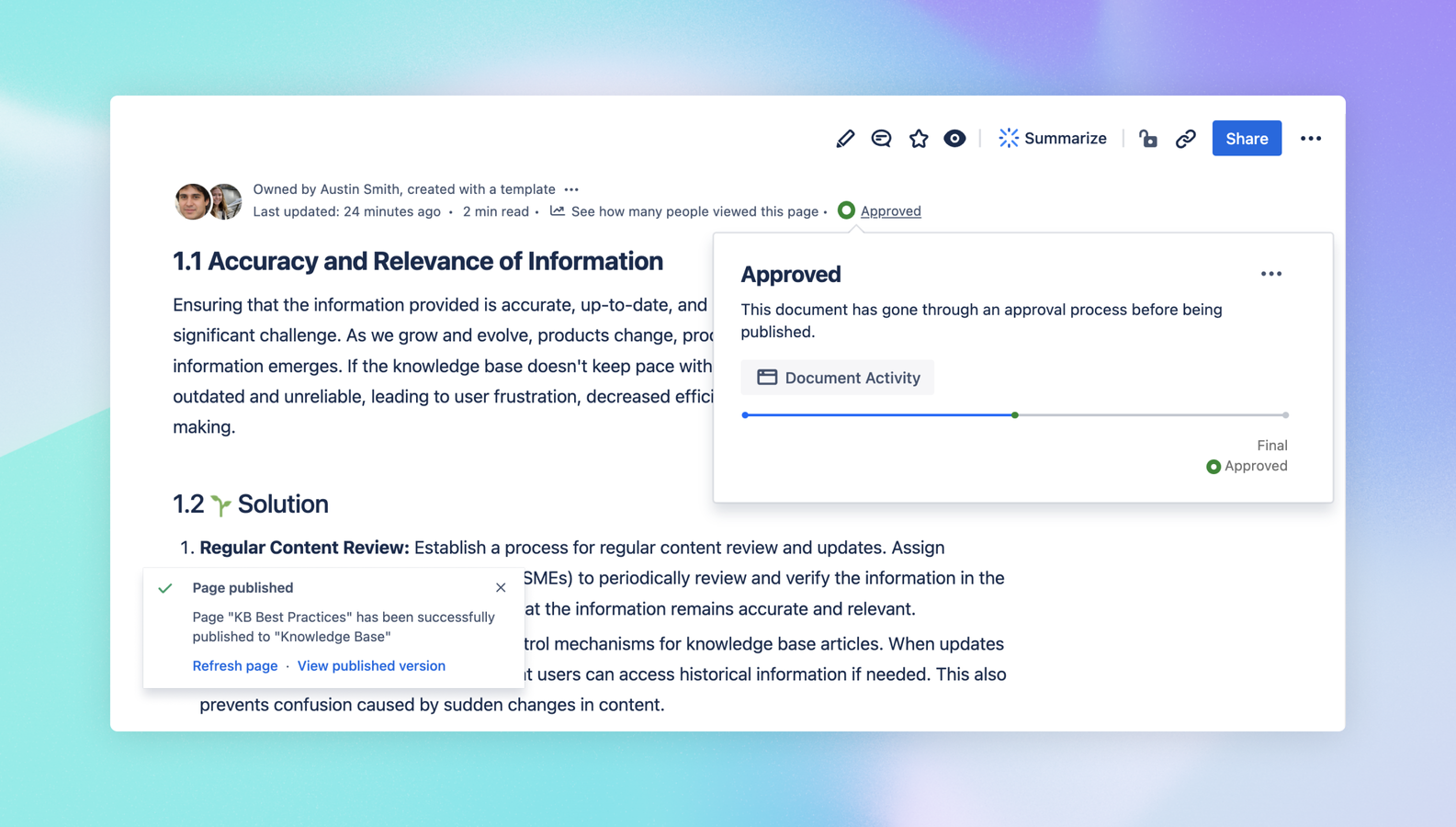 Use Confluence for documentation and publish to Collections or a copied space