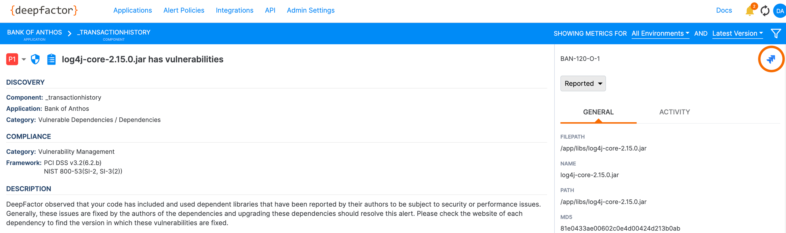 Example - Create Jira issues directly from the Deepfactor Portal