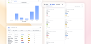 The same table as a filtered table, as cards, and as a chart, each saved as its own tab. Export any view to CSV, PDF or Word with the active filters and sorting applied.