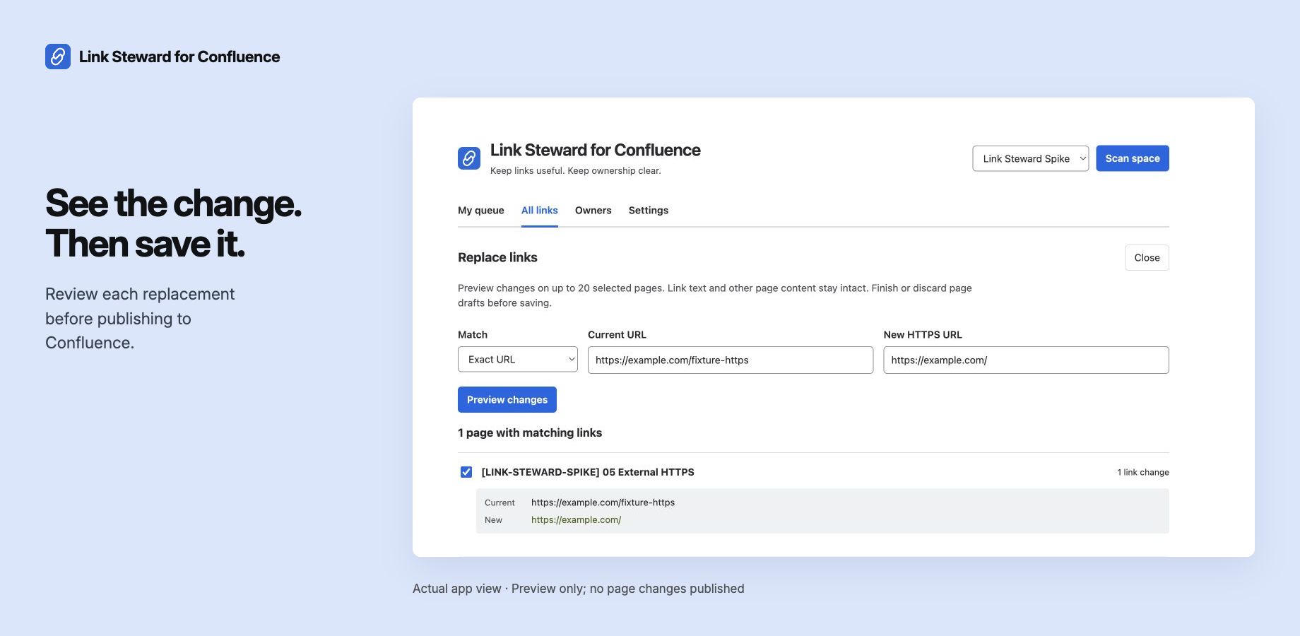 A real replacement preview compares the current and new URL on a demonstration page. Previewing does not publish a change; the user chooses which pages to save.