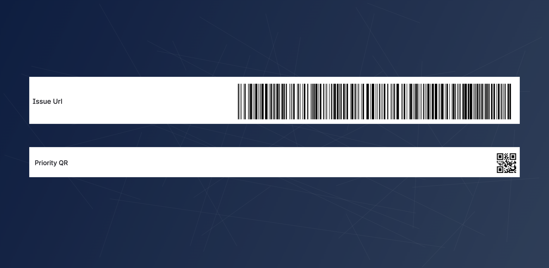 Display dynamic data as a scannable barcode or QR code. This field can render the issue's URL or any value from a Jira expression, like a URL, and align it to fit perfectly within your issue layout.
