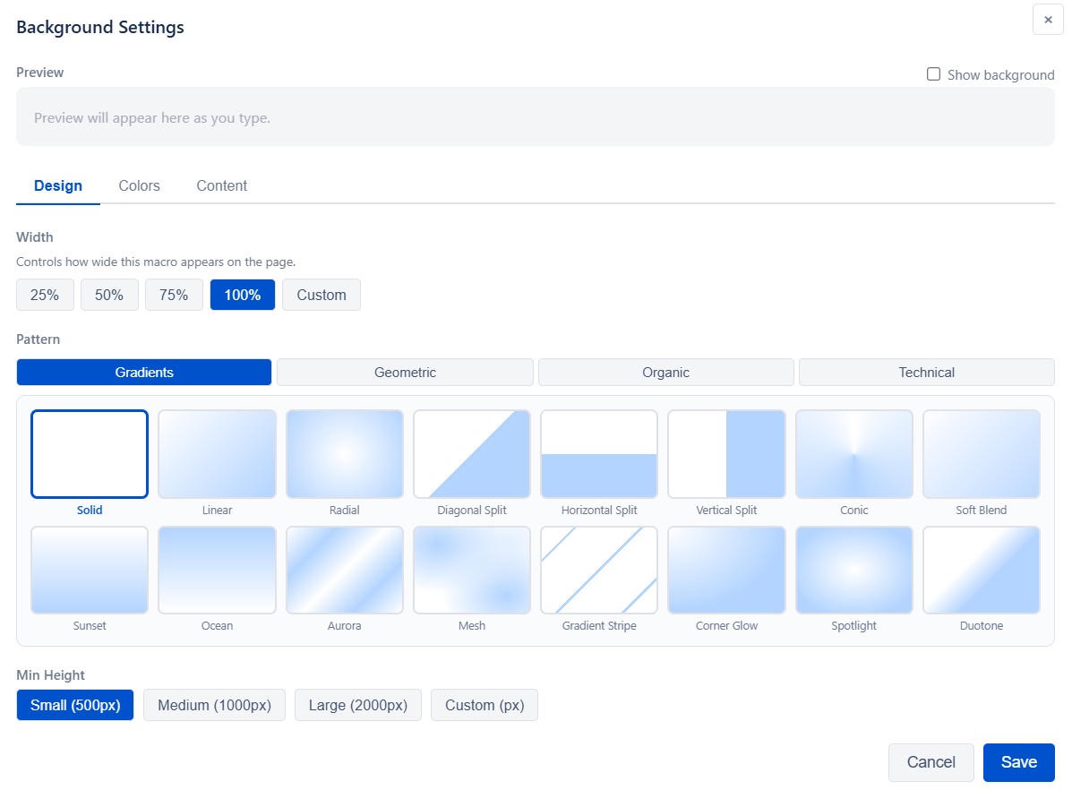 The Background macro config panel showing the pattern selector grid with four category tabs and color pickers. A live preview displays the selected pattern with brand colors applied