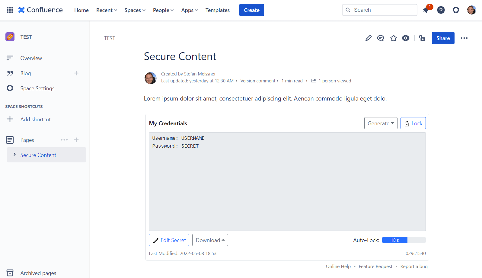 The unlocked Secure Content Macro (Example Key)