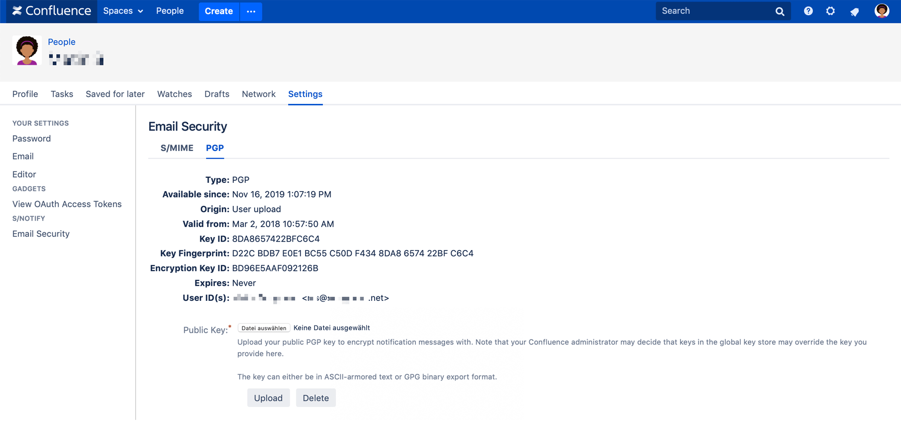 Users can be allowed to manage their own S/MIME certificates or PGP keys