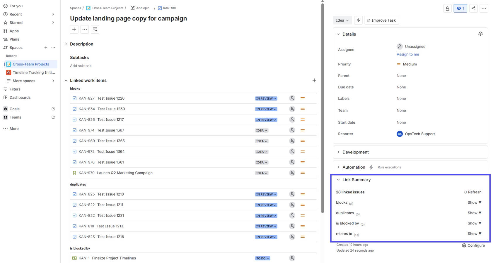 Link Summary panel groups linked issues count by type, expandable per group