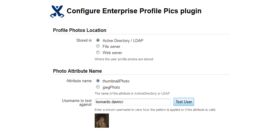 In this screenshot we use Active Directory to store profile pictures using the thumbnailPhoto attribute, and test with the user Leonardo Da Vinci.