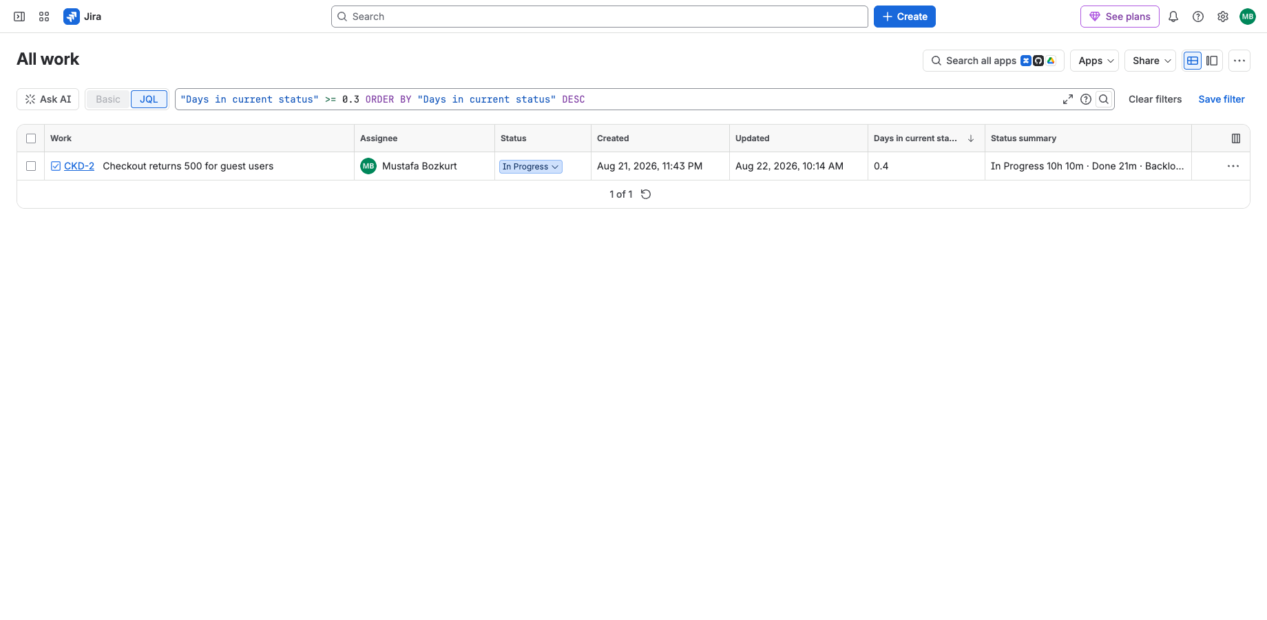 A JQL search filtering and sorting on the field Statusdesk keeps in sync.