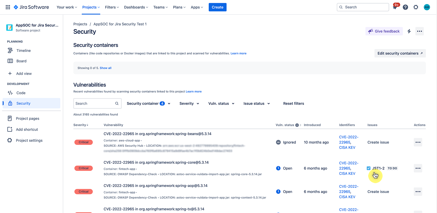 AppSOC automatically helps you create Jira tickets for your vulnerabilities