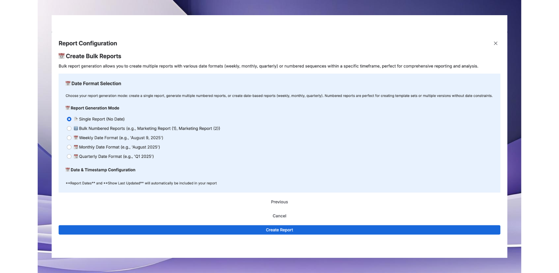 Bulk generation interface showing numbered and dated report options, batch processing controls, and preview of multiple reports created with consistent formatting and naming conventions.