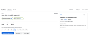 The reveal shows every card with the average, the mode and the spread, so a 5-versus-8 disagreement is visible instead of averaged away. Accept the number and it goes to Jira.