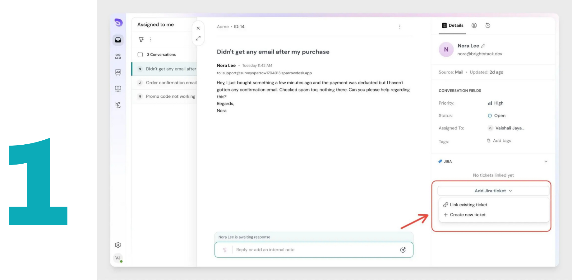 Create a new Jira ticket directly from a support ticket with project, issue type and summary filled in one place