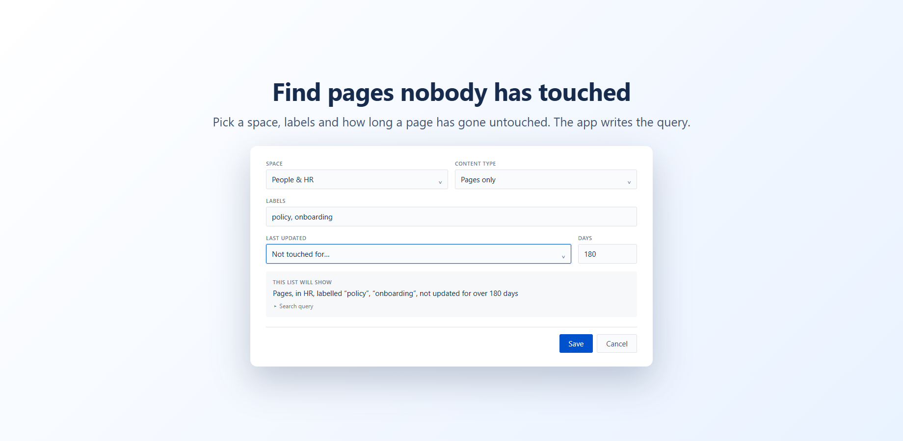 List settings: the People & HR space, labels policy and onboarding, pages not updated for 180 days.
