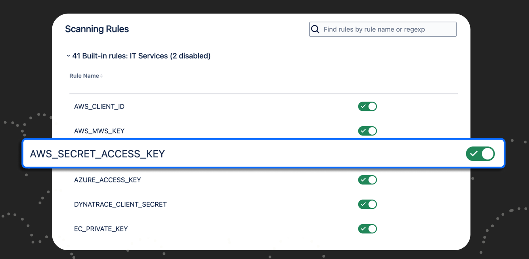 The Security for Jira Settings Page, where you can toggle on built-in secret scanning rules and add your own custom rules.