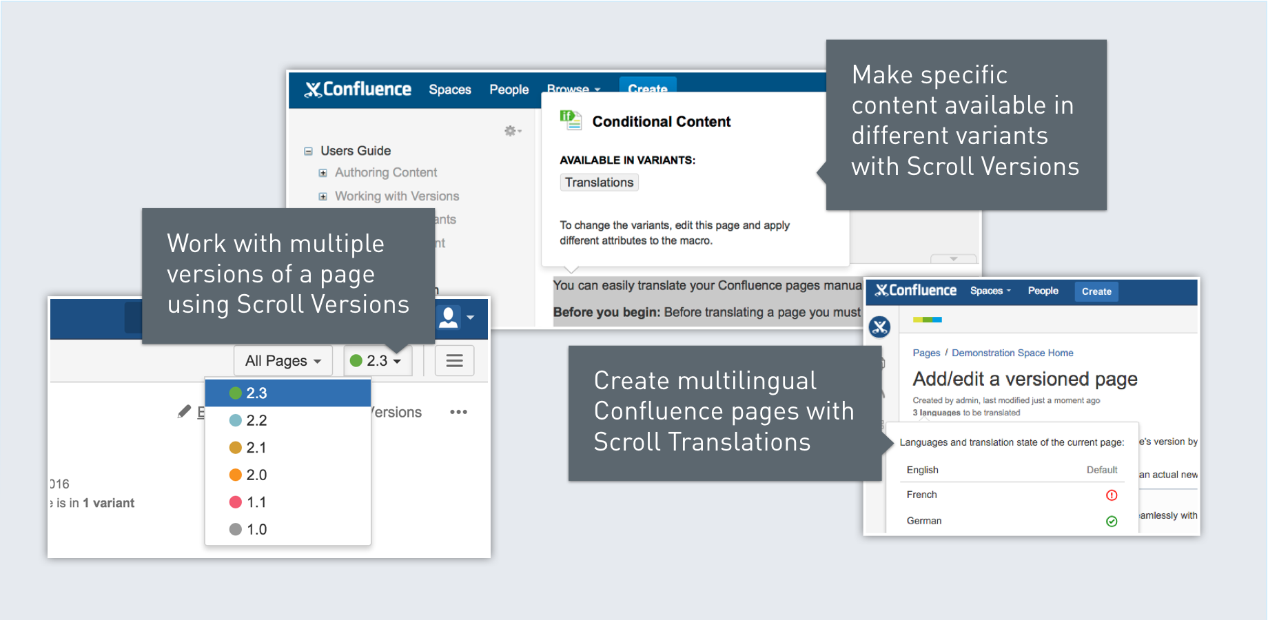 Take full advantage of all content management features in Scroll Versions, including concurrent versioning, variants and multilingual content.