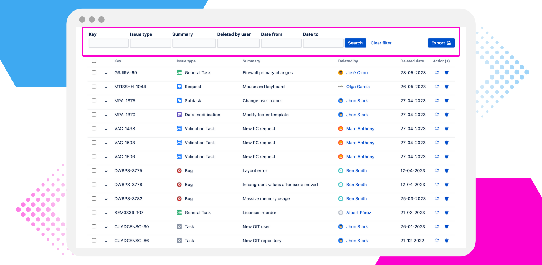 Easily search for deleted issues by summary, key, type, or user using advanced filters. Restore them individually or in bulk with full control—built specifically for Jira Data Center instances.