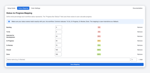 Jira admins set what each workflow status is worth. The Status and Subtask fields and both dashboard gadgets use this one mapping for the whole site.
