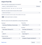 Import from xlsx/csv file with mapped Assignee and Original estimate fields.