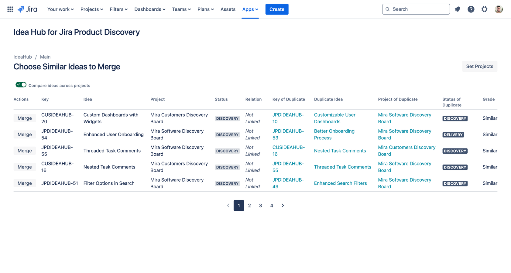 Select to compare ideas across different projects or within the same project