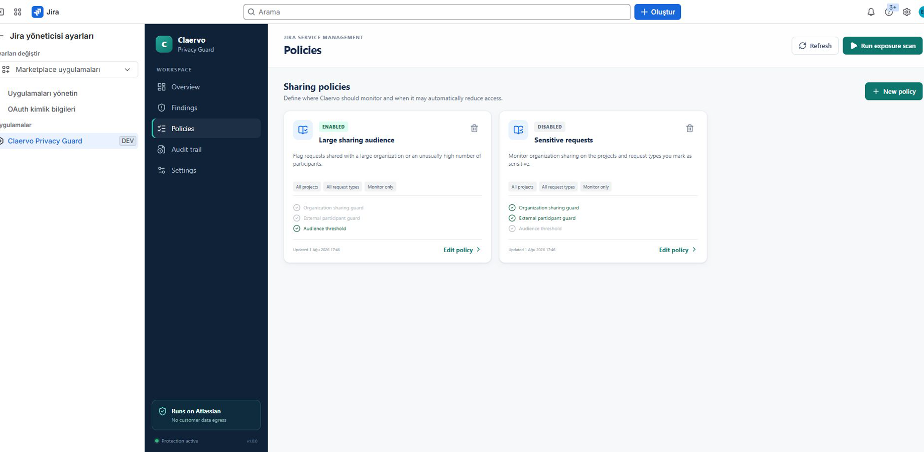 Claervo policy screen with enabled and disabled JSM sharing policies, audience controls, and monitor-only rollout status.