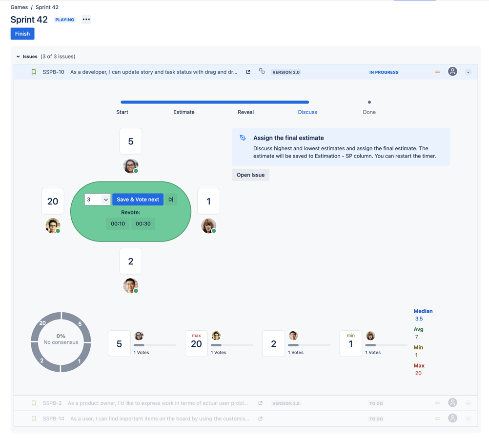Consensus hasn’t been reached yet: votes range from 1 to 20, average 7, median 3.5. Review estimates, discuss disparities, and use the “Revote” buttons to converge on an agreement—or choose to skip and return later.