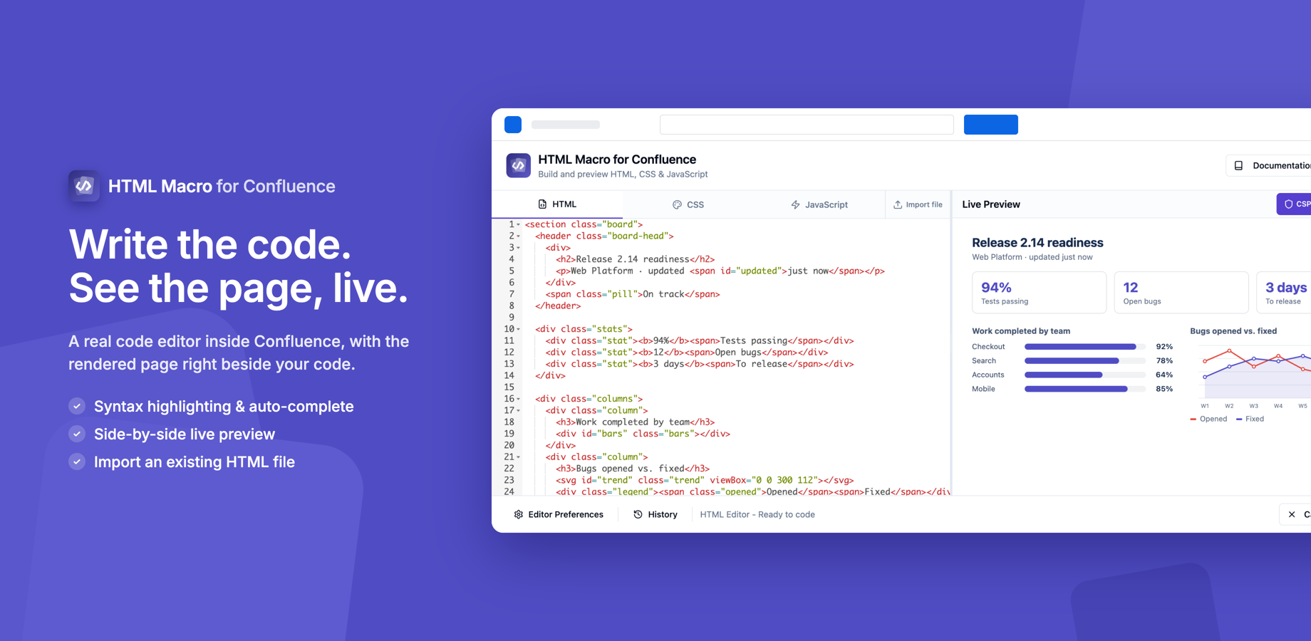 The editor with a live preview of a release dashboard.