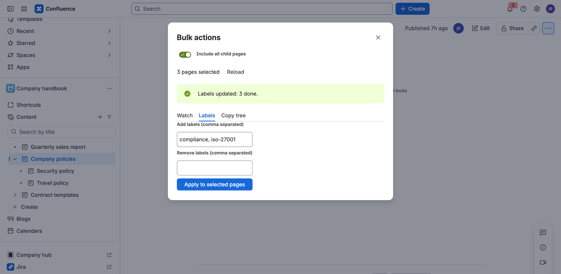 The Bulk actions dialog with the page tree selector and the Labels tab.