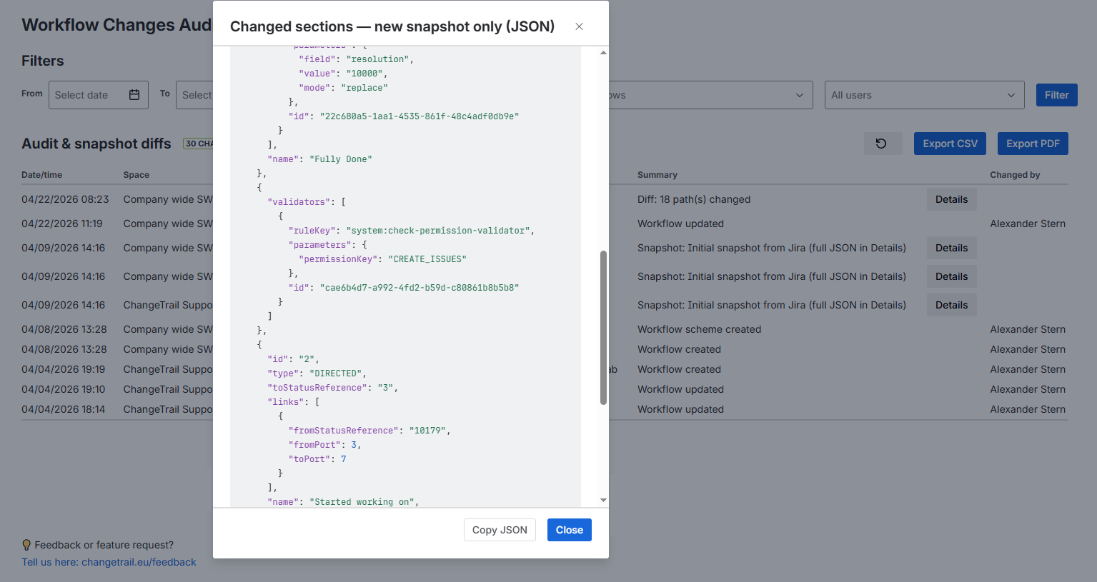 Diff view for a single workflow change with JSON path counts and the full raw workflow or scheme JSON available per event.