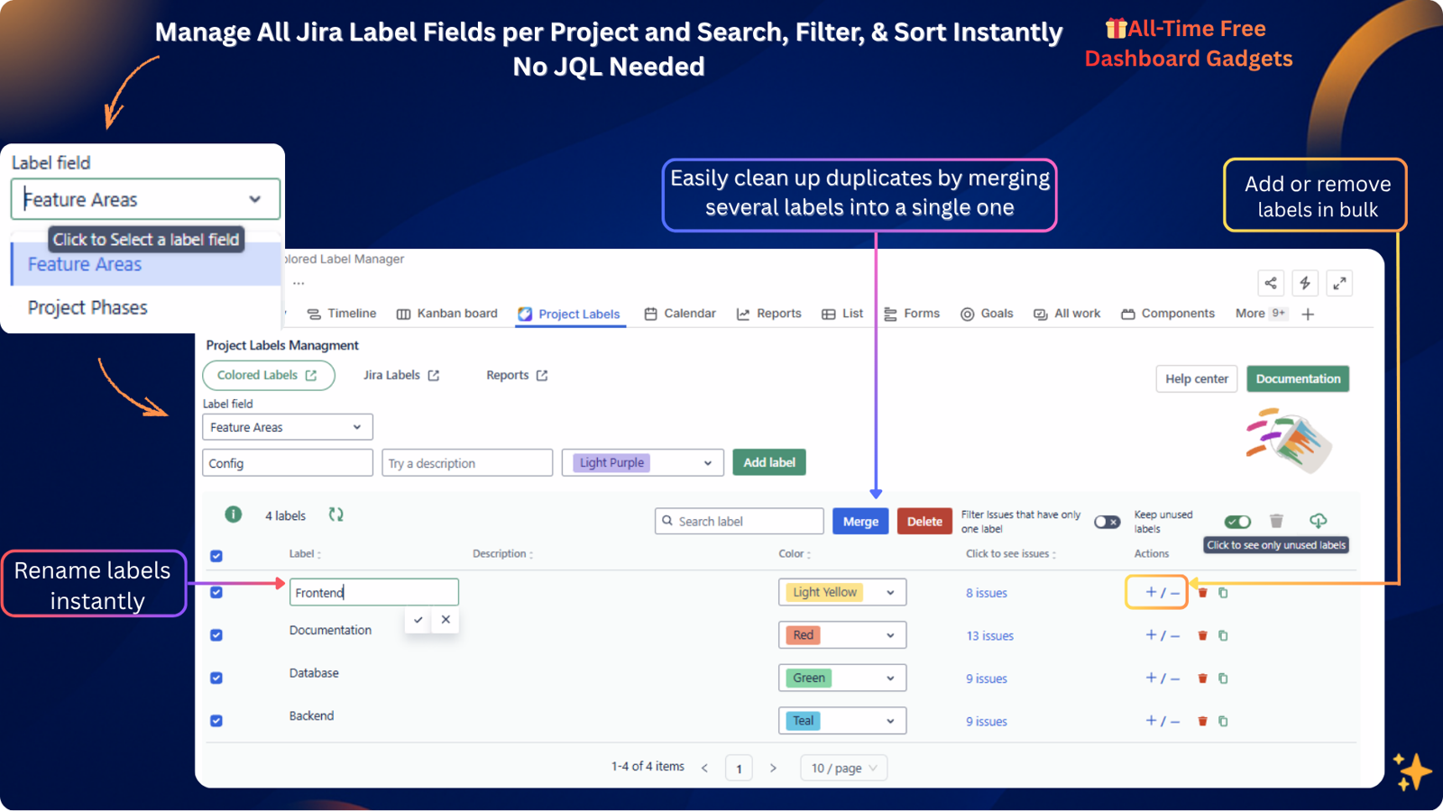 Jira label manager for teams: manage all labels and custom label fields globally and per project. Color, merge, rename, and report with smart filters and a free dashboard gadget built on Atlassian Forge.