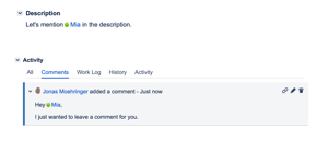 User availability icon also displayed in user mentions in comments or rich text fields.