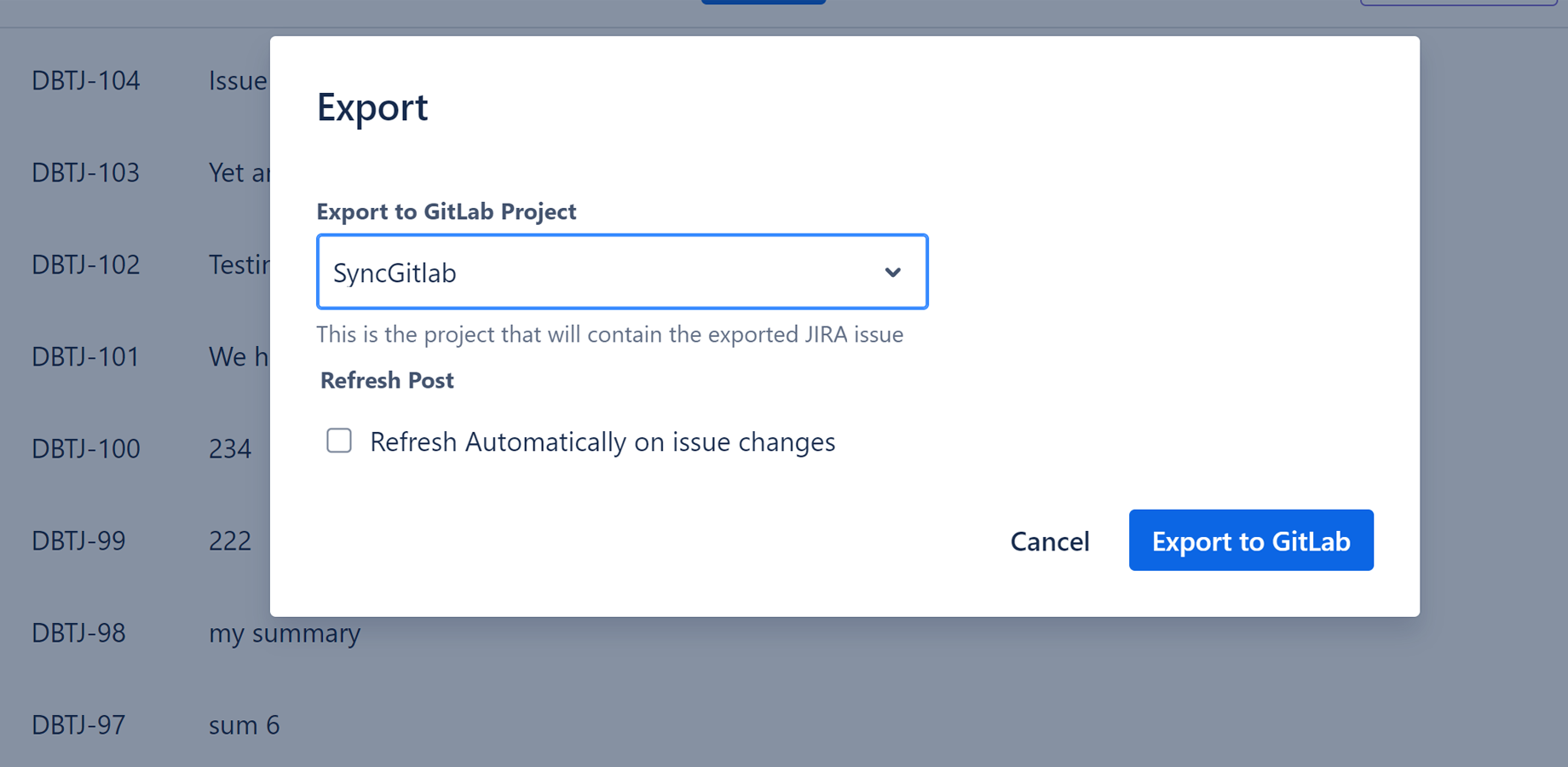 Select the GitLab project to which to export