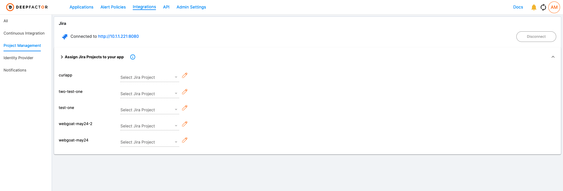 Example - Map Jira Projects directly from the Deepfactor Portal