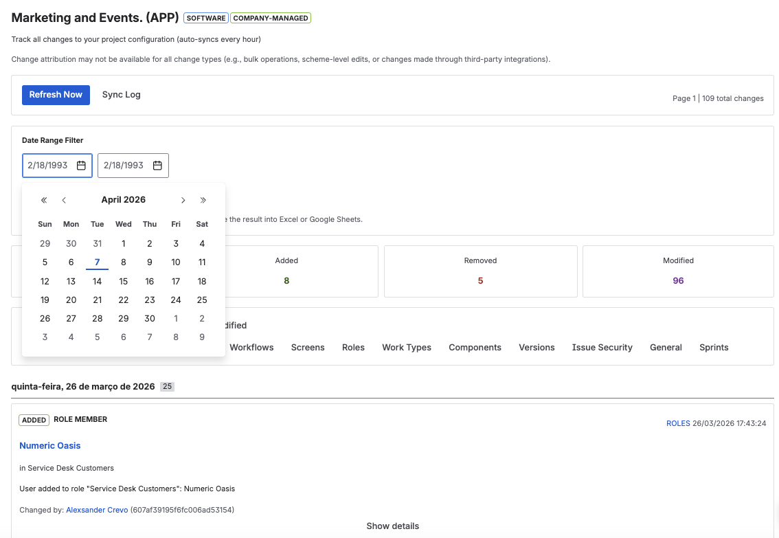 Project-level change log showing configuration changes with user attribution, date filters, and section grouping.