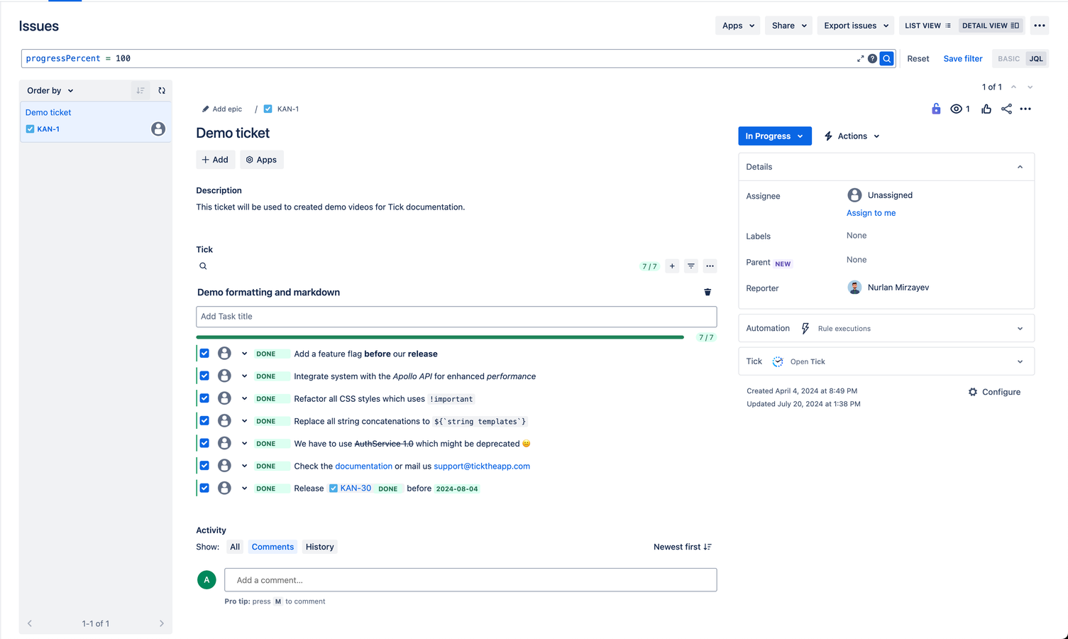 Unlock advanced checklist features with our plugin's seamless integration into Jira workflows. Track checklist progress and validate completions. Use powerful JQL search for detailed queries, all within a streamlined app