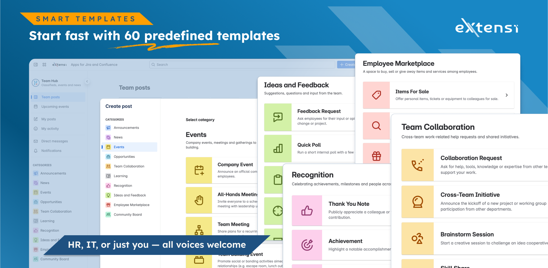 Post anything in seconds with ready-made templates for announcements, jobs, polls, events, and more.