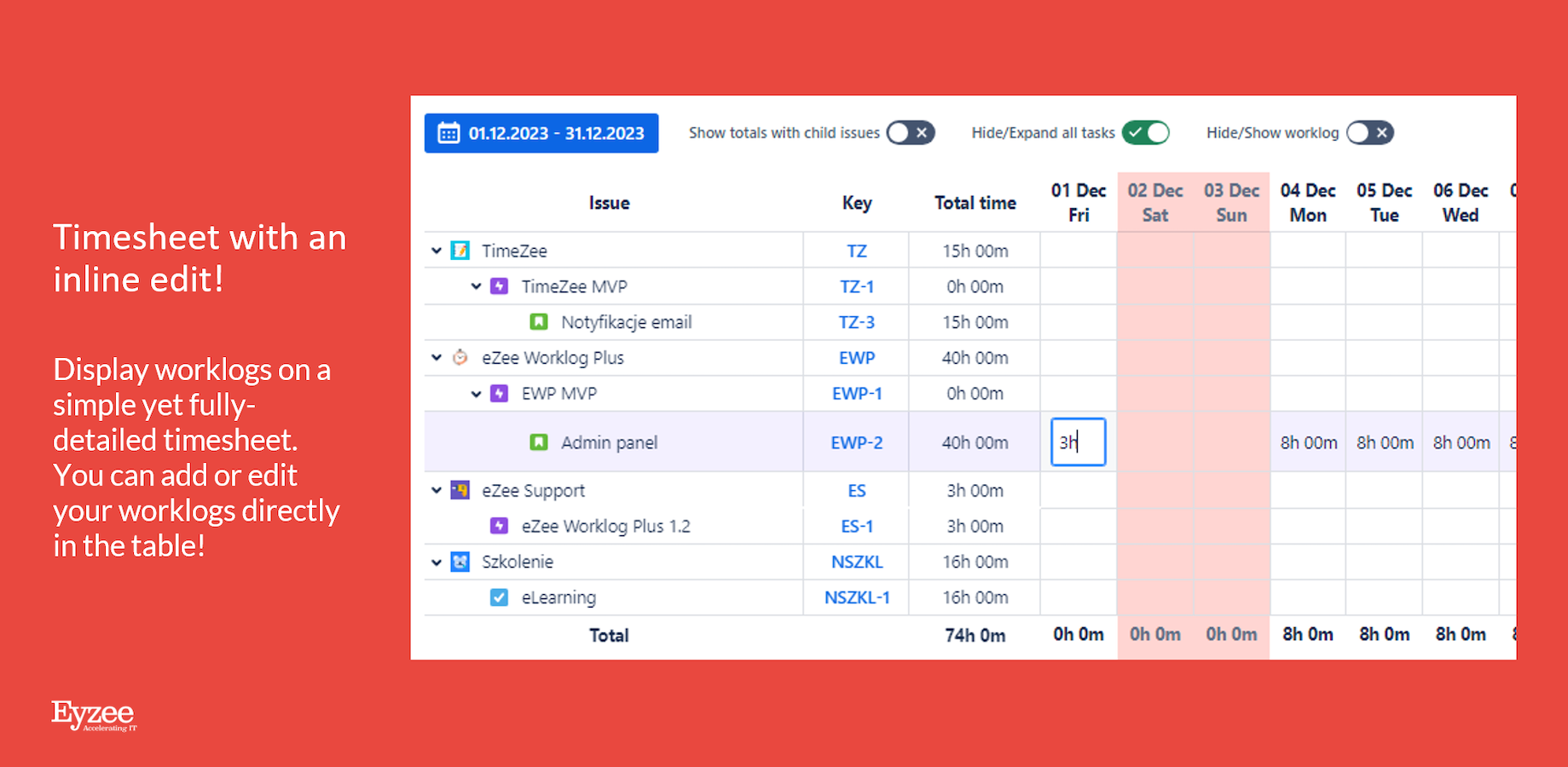 ​Log your time just the way you like and display your worklogs on a simple yet fully-detailed timesheet.
