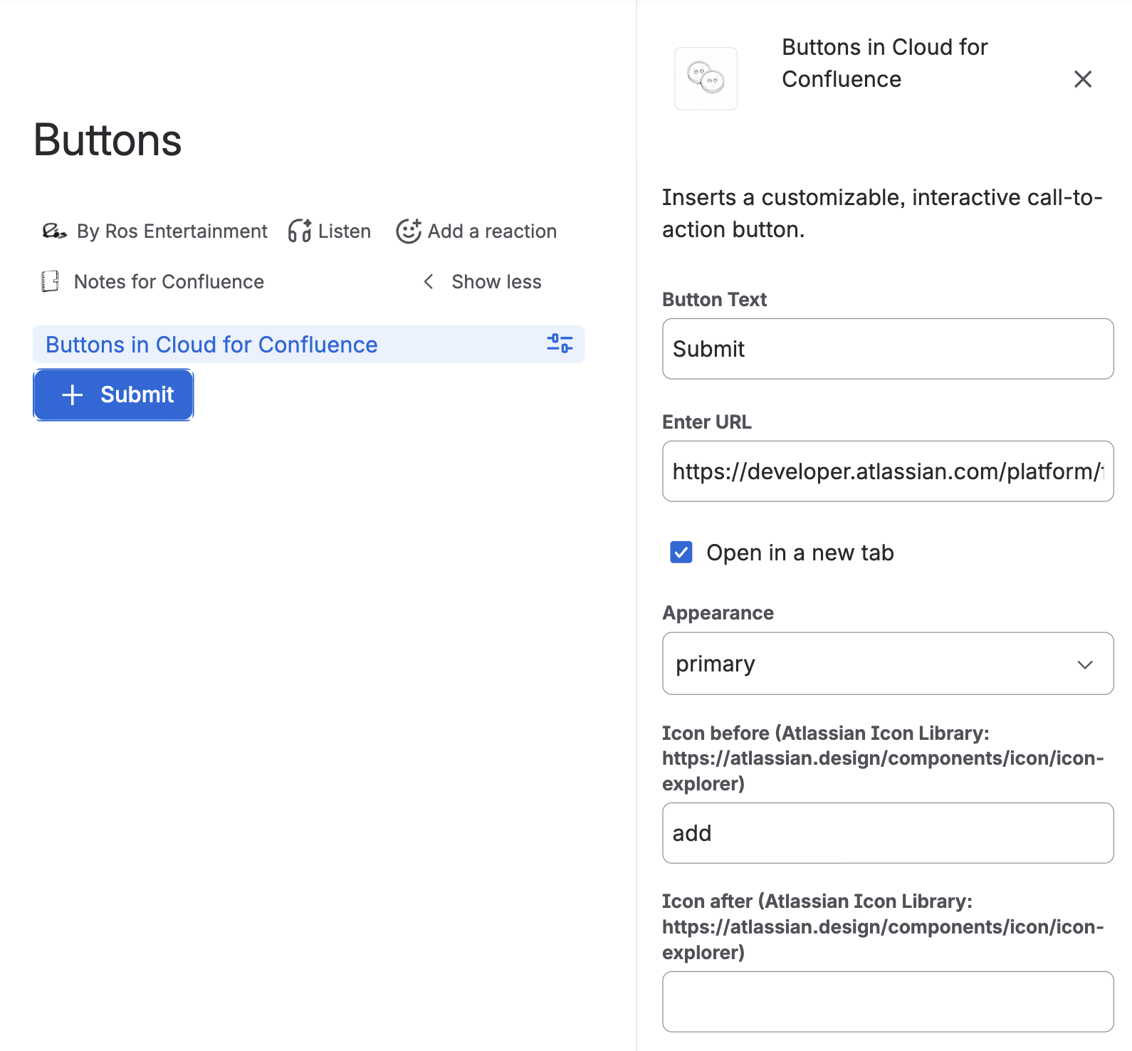 Customize your button's text, icons, and behavior through a simple configuration dialog.