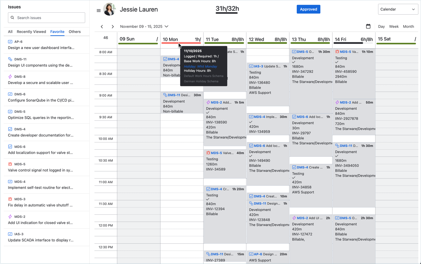 A calendar is perfect for logging your time. You can switch to daily, weekly, or monthly views and see total hours.​