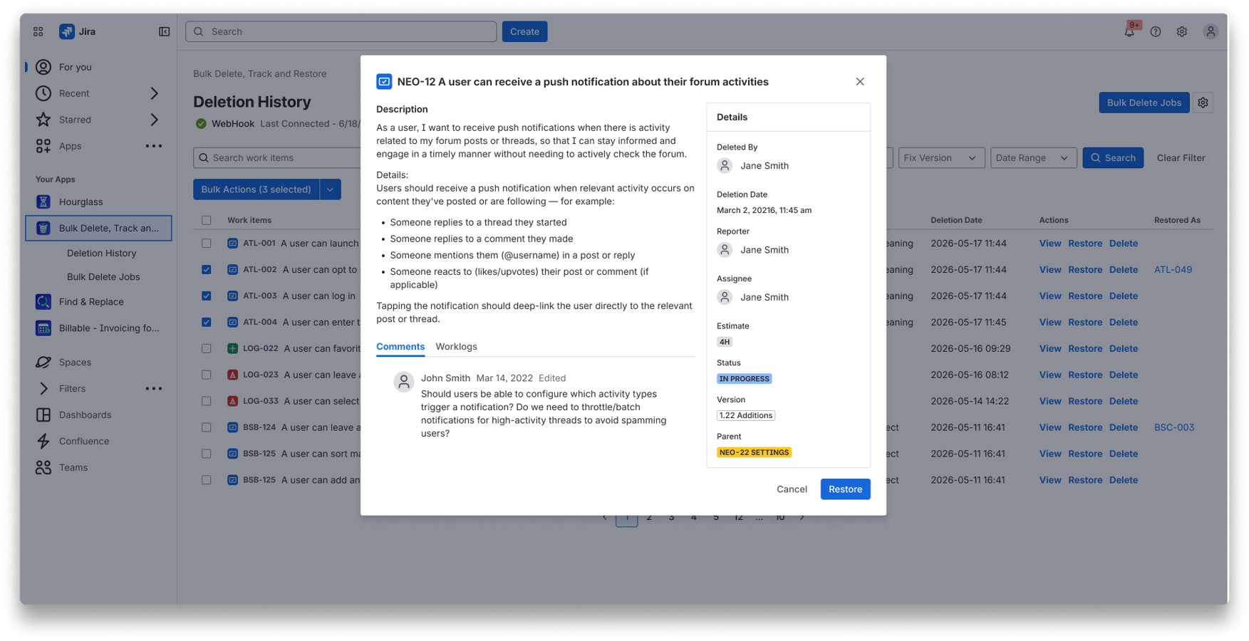 View a work item detail modal and restore an issue directly.