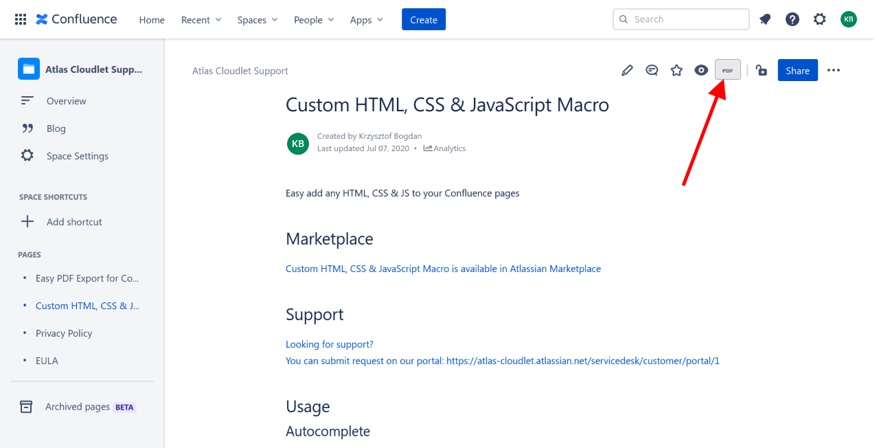 Pressed export to pdf button on confluence page