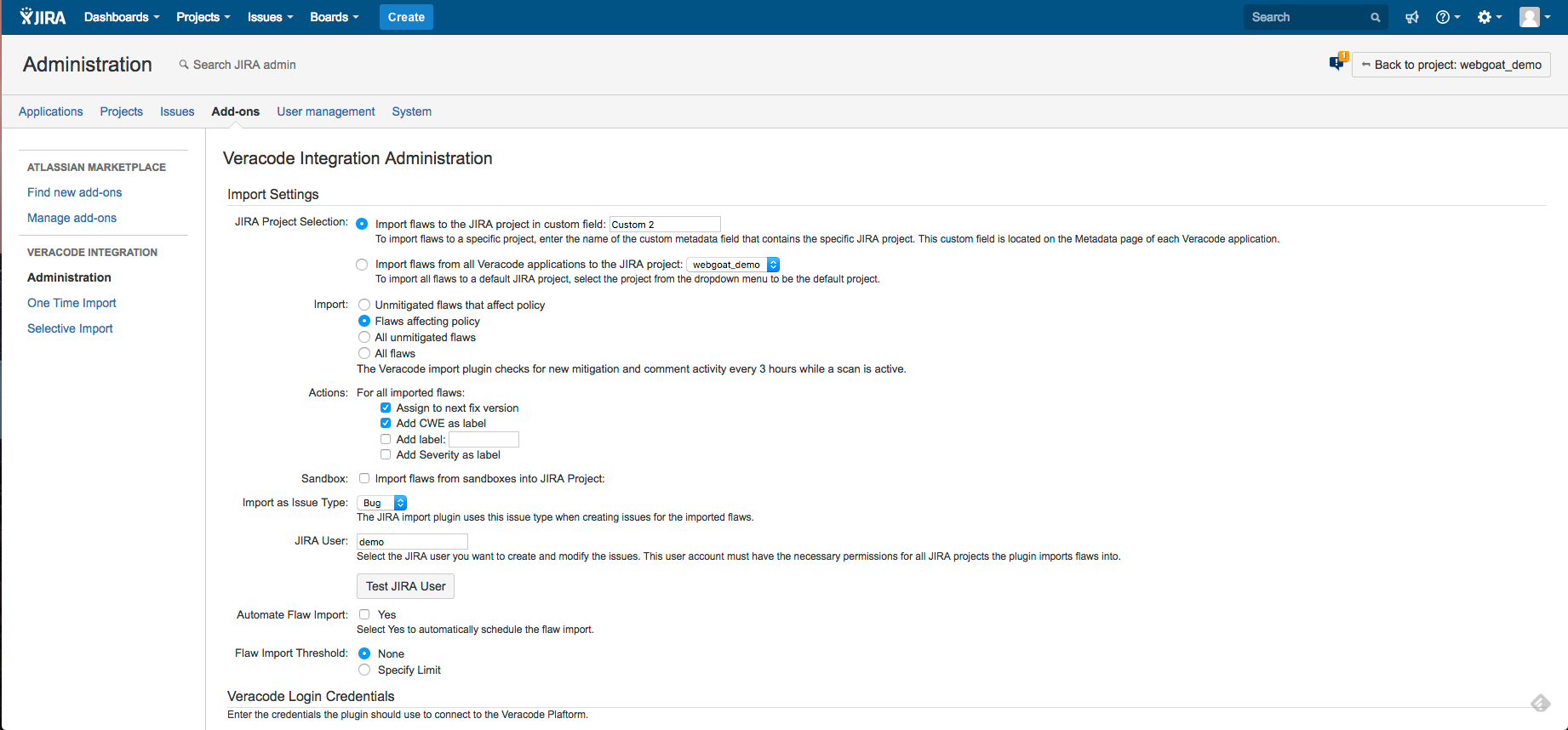 The Veracode Integration for Jira Cloud allows administrators to define the project in which defects will be created, which security findings to import, how to assign and label the defects, and more.
